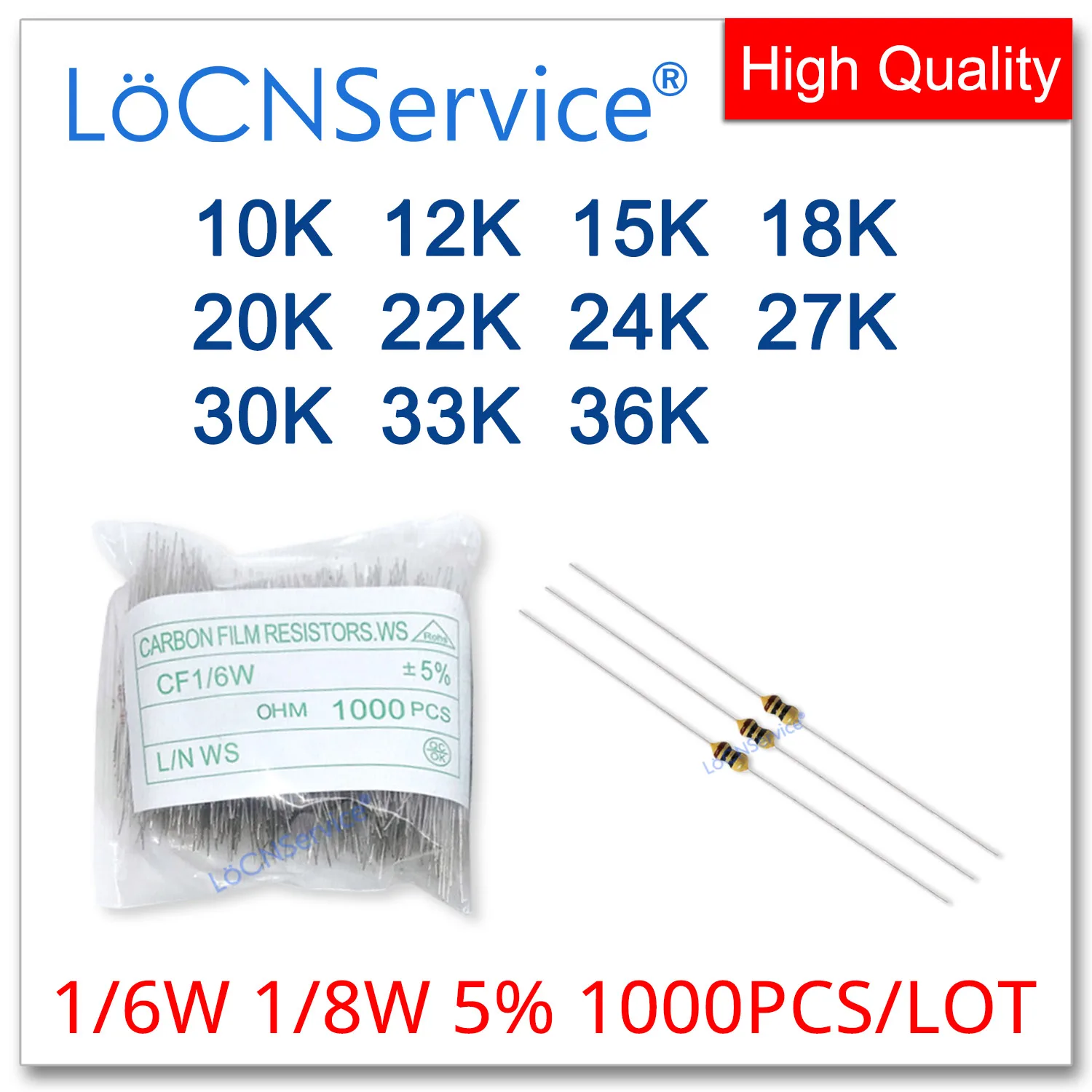 LoCNService 1000 PZ/LOTTO 5% 1/6W 1/8W 10K 12K 15K 18K 20K 22K 24K 27K 30K 33K 36K Resistore a Film di Carbonio DIP OHM