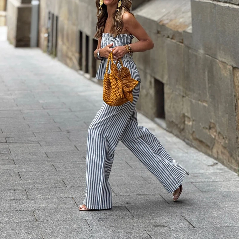 Spring Summer Striped Print Holiday Set Sexy Strapless Tube Tops & High Waist Pants Outfit New Off Shoulder Backless Casual Suit - view 3