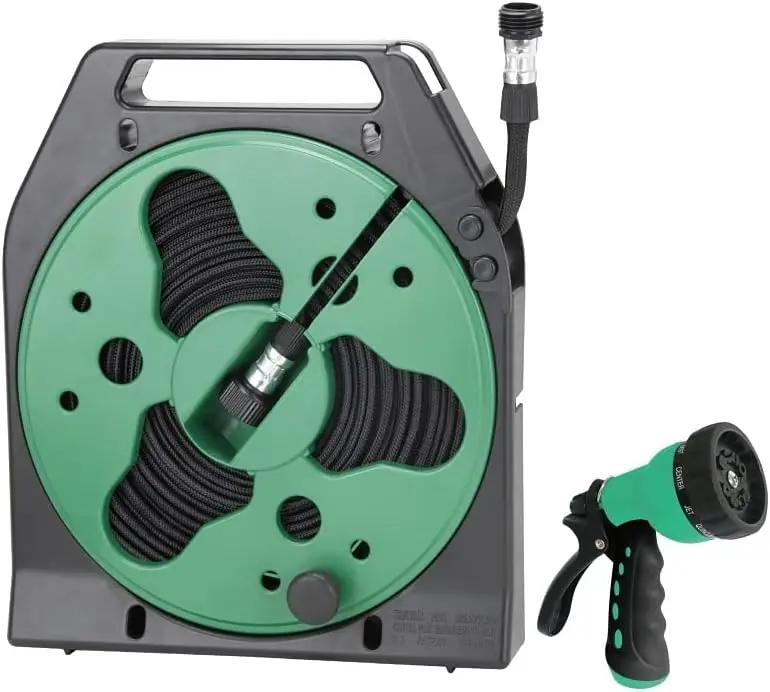Flat Hose Reel with Nozzle, 50' Light weight, easy to store. Built in water ringer automatically drains water