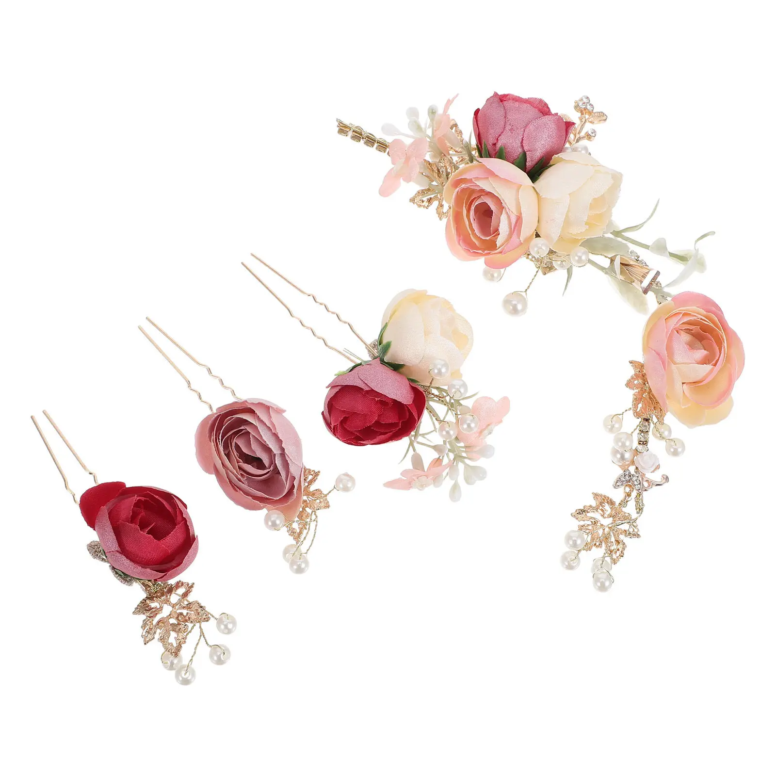 4Pcs Rose Flower Hairpin U-Shaped Fabric Bridal Hair Clips for Wedding Bridesmaid Women Floral Hair Accessories Pink