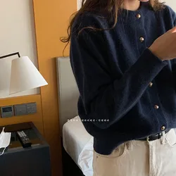 Knitted Cardigan Women 2023 Autumn Winter New Korean Version Of Loose Solid Color Round Neck Sweater Inside Top Casual Fashion