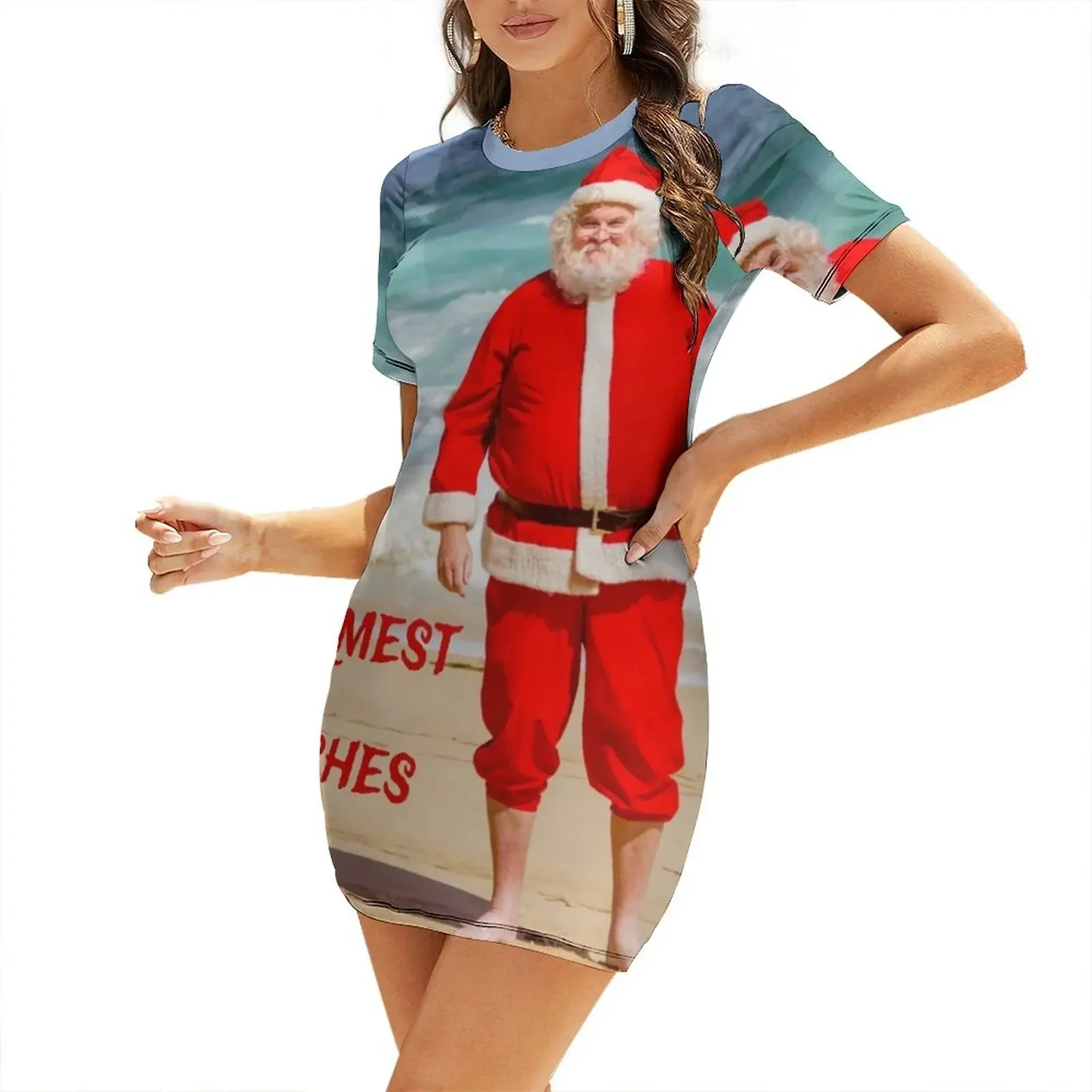 

Santa Clause on Beach Warmest Wishes Funny Humor Short-Sleeved Dress Dress for girls summer dress daily