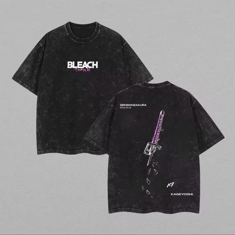 2026 summer BLEACH Byakuya Kuchiki T-shirt, Vintage Washed Harajuku Streetwear Washed Cotton T shirt Oversized Unisex Vintage