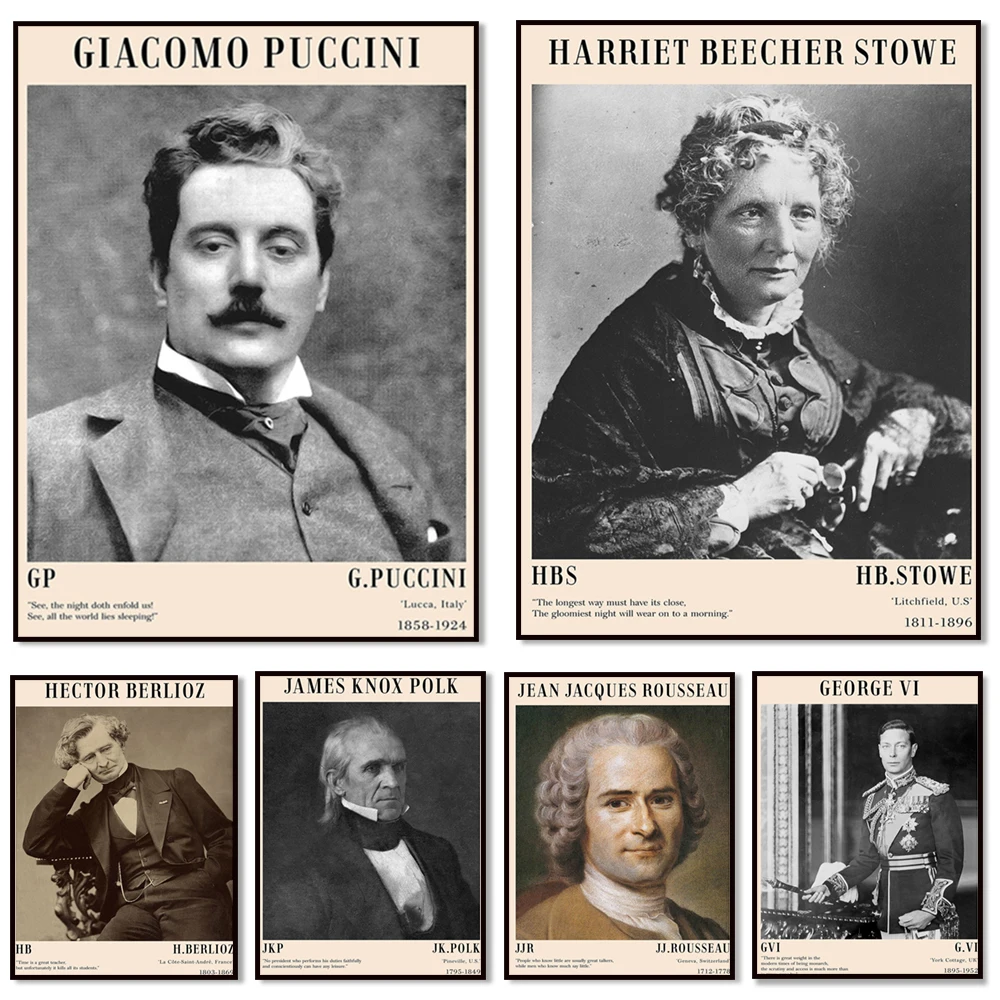 Póster retrato de ex presidente estadounidense, rey George VI de Inglaterra, filósofo Jean-Jacques Rousseau, músico Giacomo Puccini