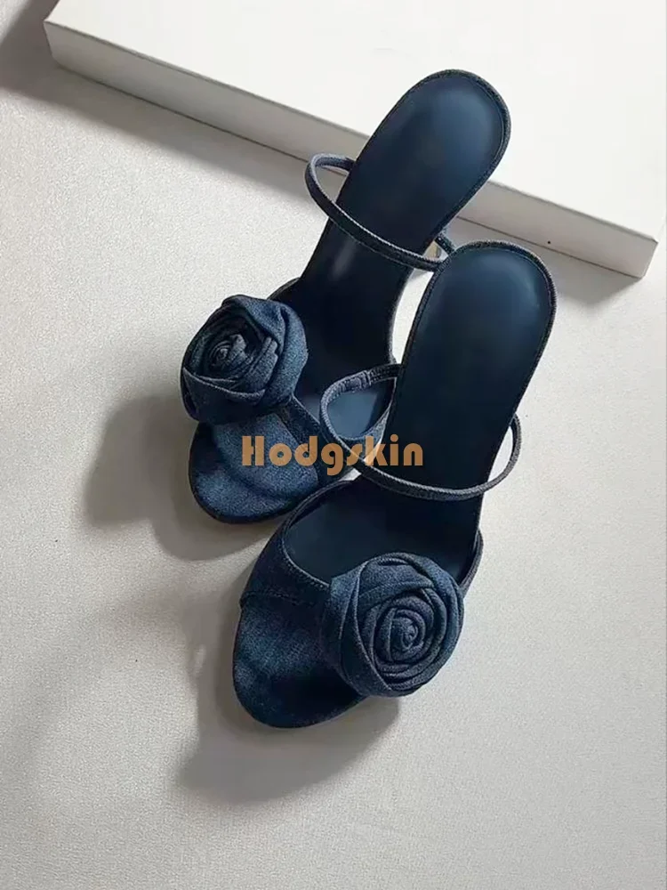 Denim Blue Flower Stiletto Slippers Round Toe Shallow Pull on Strappy Thin High Heels Sandals Women Elegant Dress Shoes Fashion