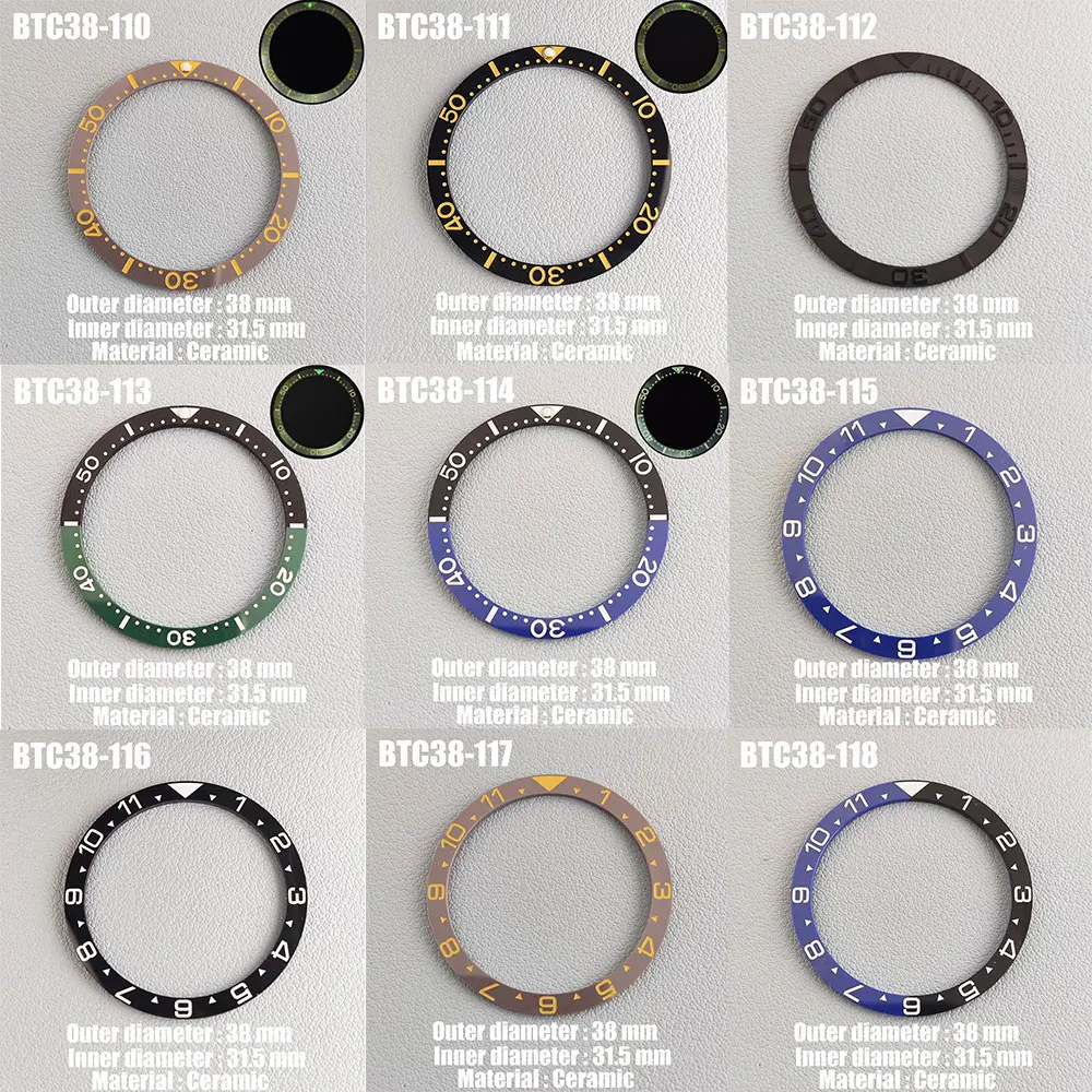 38mm Flat Luminous Ceramic Watch Bezel 38*31.5MM BEZEL Insert Fits SKX007 SKX009 Watch Cases NH35 NH36 Movement Watch Ring Parts