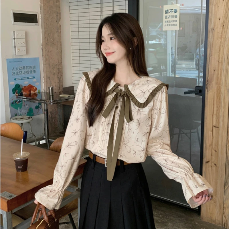 French Vintage Women Shirt Spring New Floral Peter Pan Collar Button Tops Preppy Style Cute Versatile Niche Blouse Female