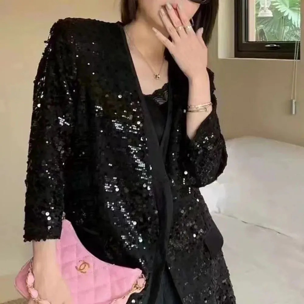 Blazer de soirée brillant mi-long pour femme, haut décontracté, blazer kling de Rotterdam, col en V européen, veste sur mesure à paillettes,