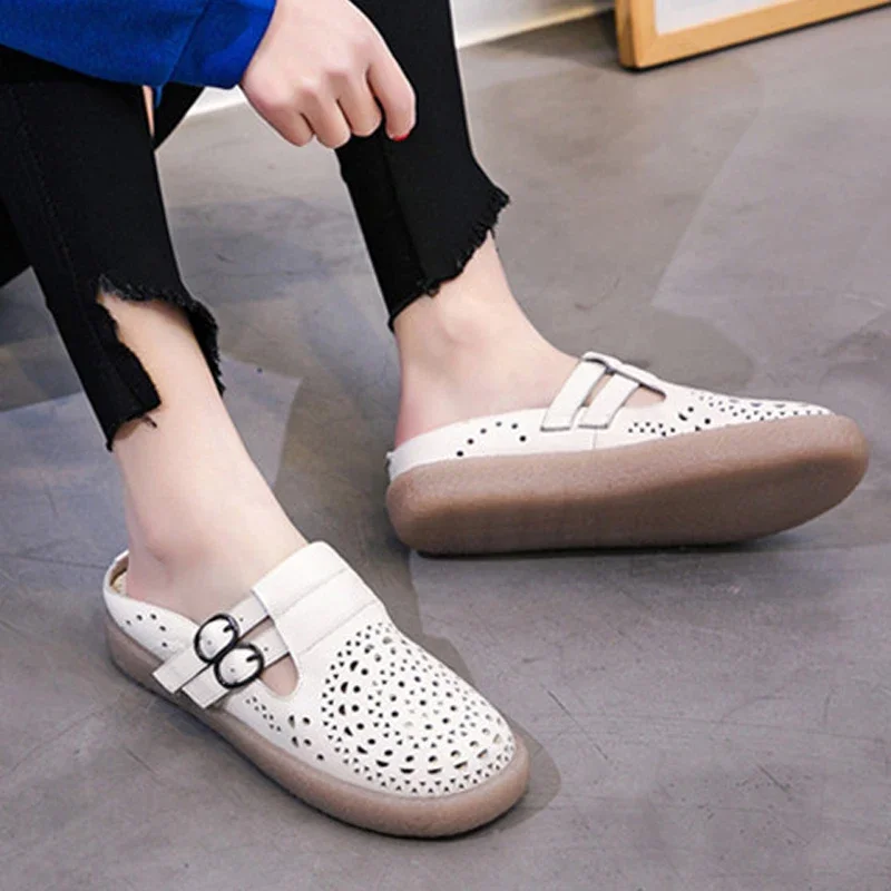 TIMETANG  Women Genuine Leather Mules Hollow Out Slippers Women Summer Shoes Retro Brand Handmade Flat Heels Women SlippersE780