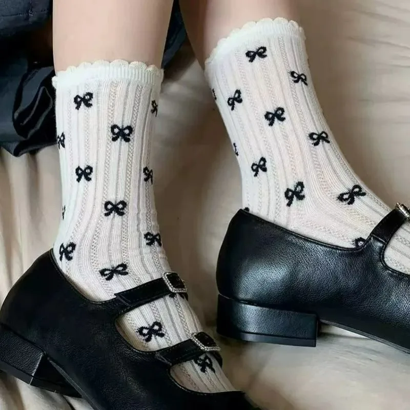 

4Pairs Japanese Hollow Out Long Socks Women Girls Lace Sweet Bow Sock Casual Crew Loose Sox Summer Thin Mid-tube Stockings