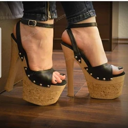 Black Platform Round Rivets Decor Sandals Chunky High Heel Ankle Buckle Fashion Sexy Women Shoes 2024 Summer Zapatos Para Mujere