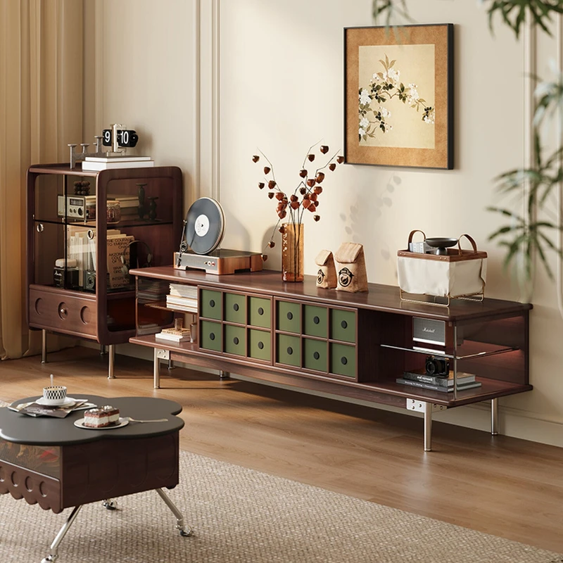 TV cabinet medieval style living room solid wood storage cabinet floor-to-ceiling large capacity high-end sense