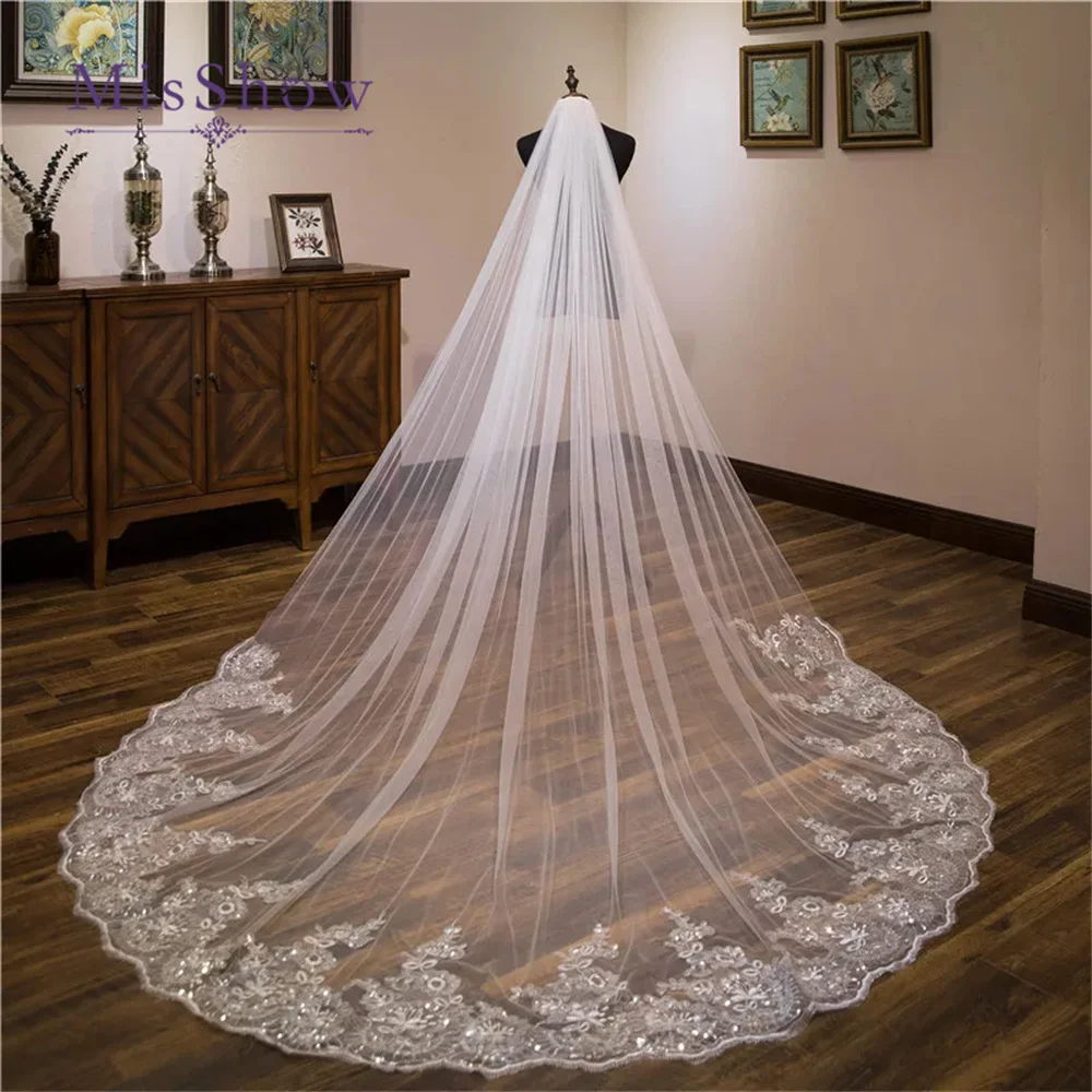 MisShow White Ivory Sequins Lace Edge Veils Cathedral Length Wedding Bridal Veil with Comb 1 Tier Long Woman Illusion Tulle