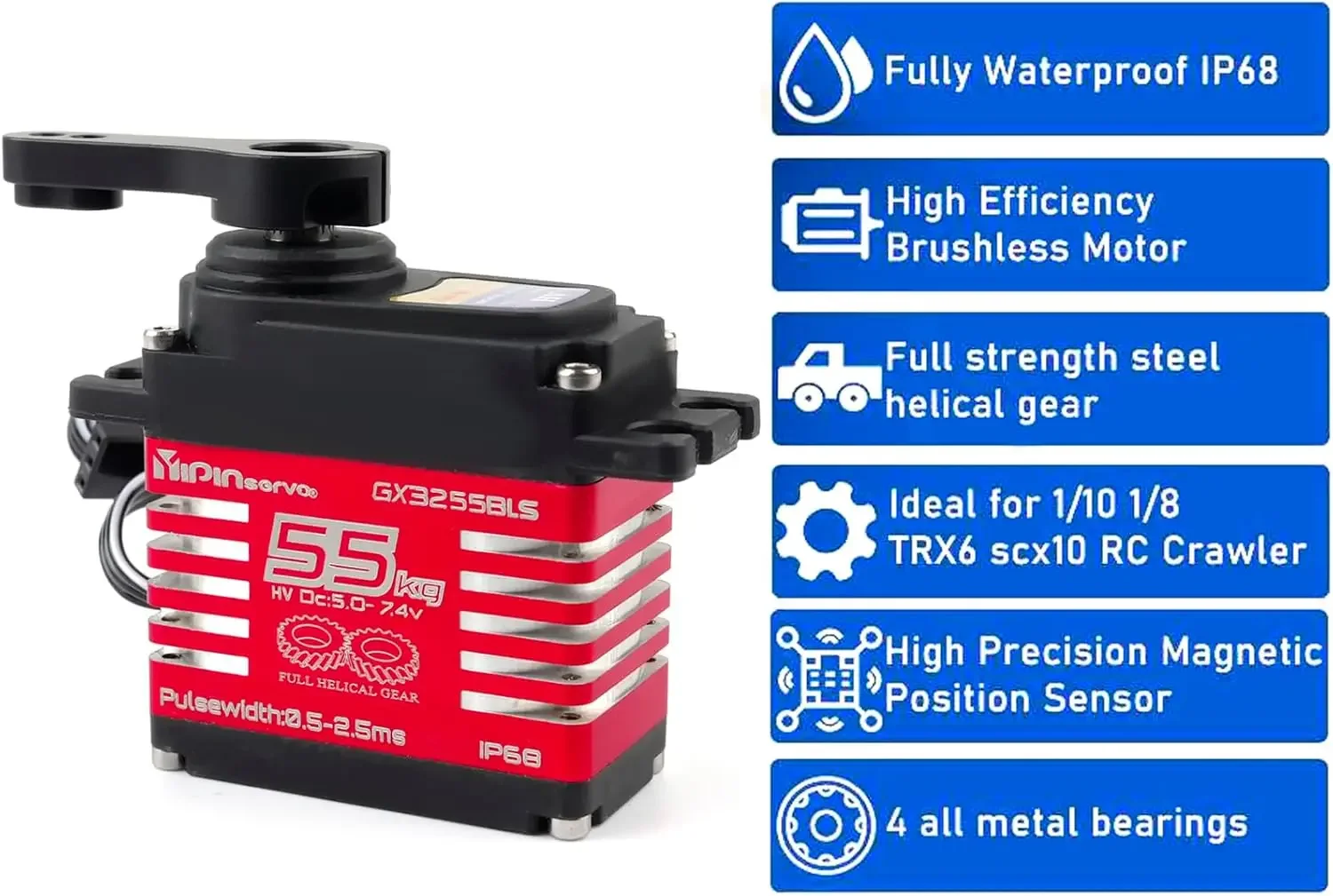 GX3255BLS 7.4V 55KG Digital Servo High Torque Full Metal Helical Gear Brushless Motor IP68 RC Robotic Servo for 1/8 1/10 Cars