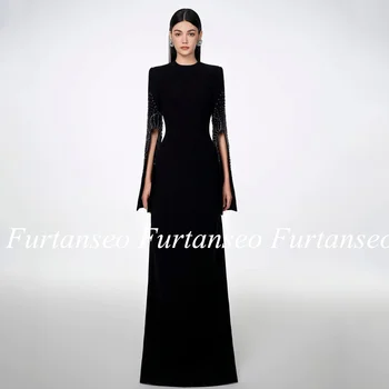 فستان سهرة أسود مخصص أكمام طويلة جوهرة الرقبة الديكور طول الكلمة جيرسي السعودية العربية حفلة موسيقية ثوب فساتين رسمية عربية