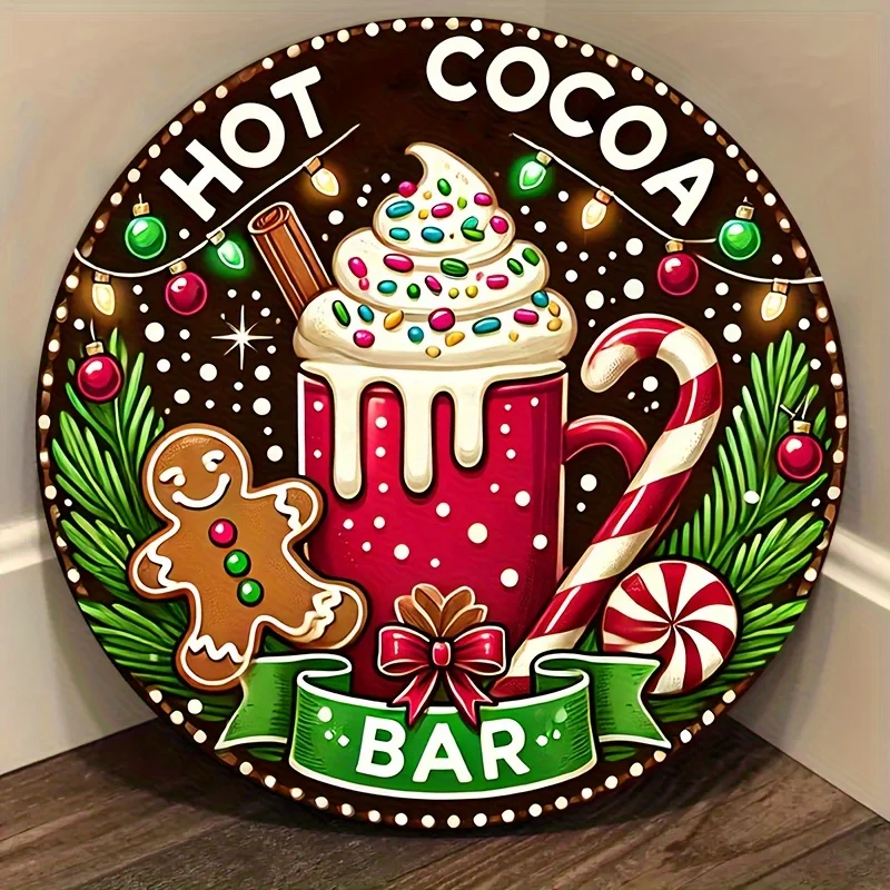 1pc Festive Hot Cocoa Bar Sign - 7.87x7.87 Inch Round Aluminum Wall Art with Gingerbread for Man, Candy Canes & Holly Design, Du