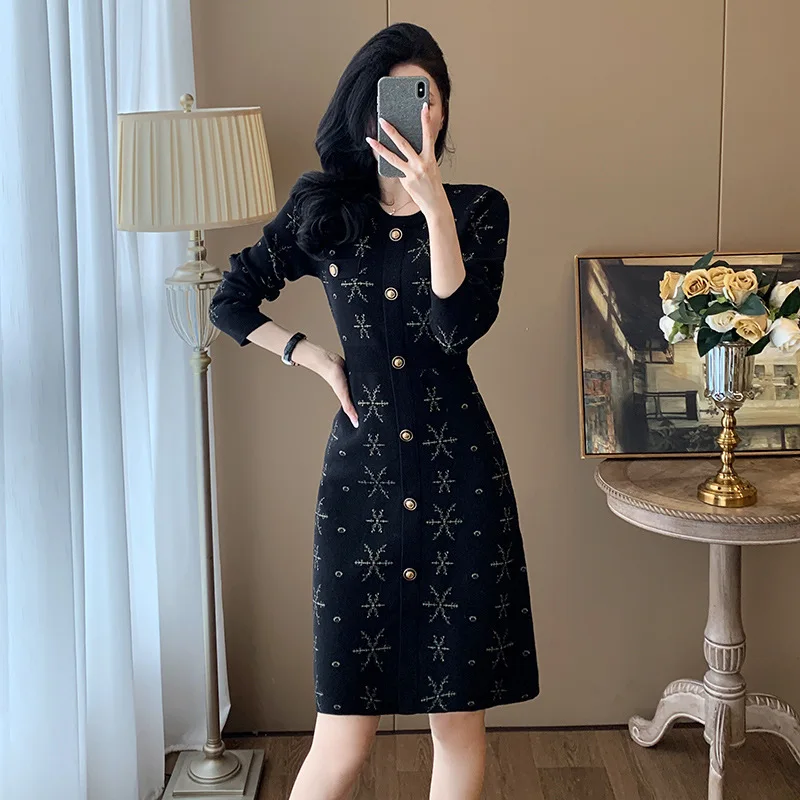 #2401 Black Tight Sweater Dress Women Buttons Slim Stretch Knitted Dress Round Neck Mini Dress Long Sleeve France Style Autumn