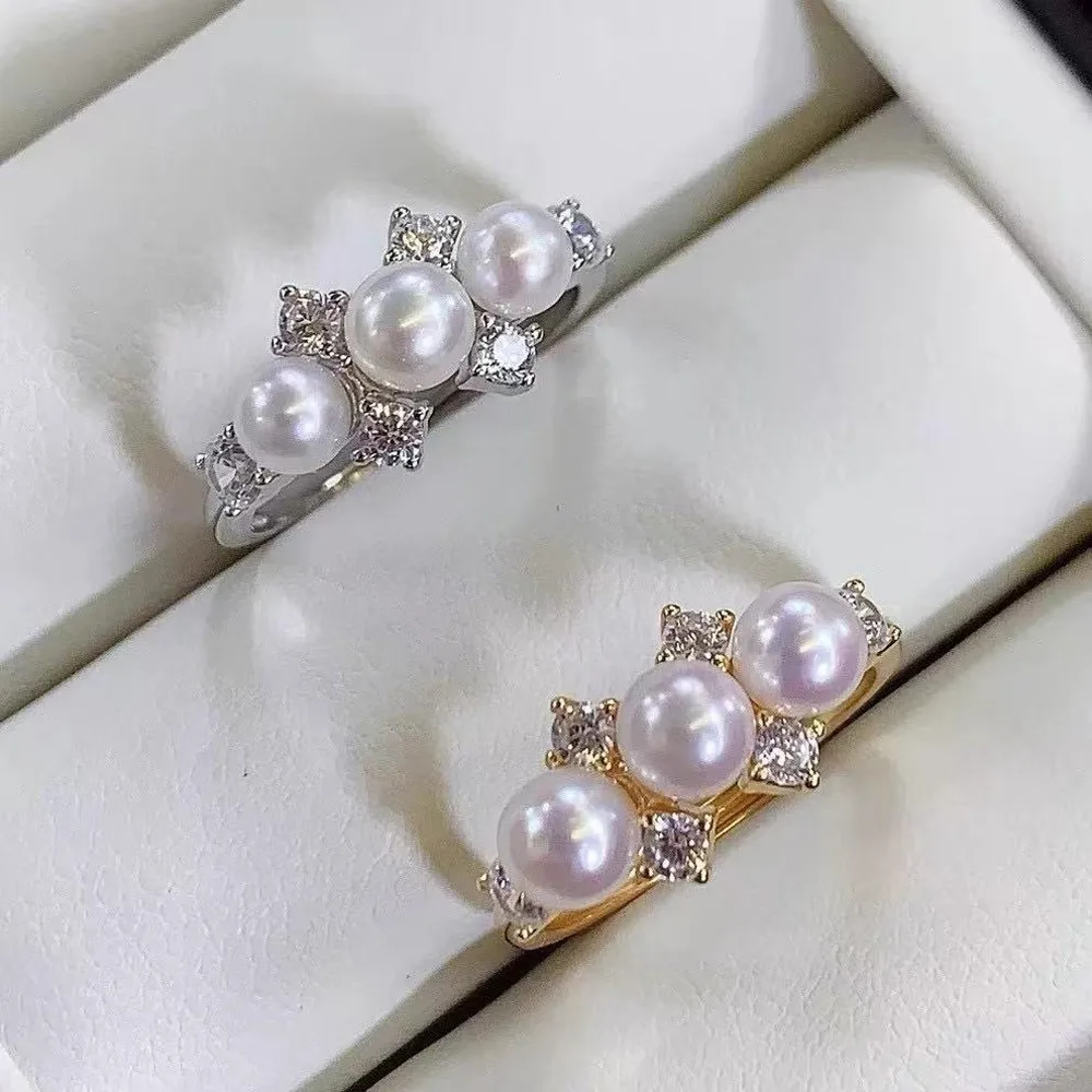 

S925 Silver Sterling Ring Inlaid Zirconia Half Hole Pearl Ring Base Resizable Design DIY Handmade Fine Jewelry Ring Accessories