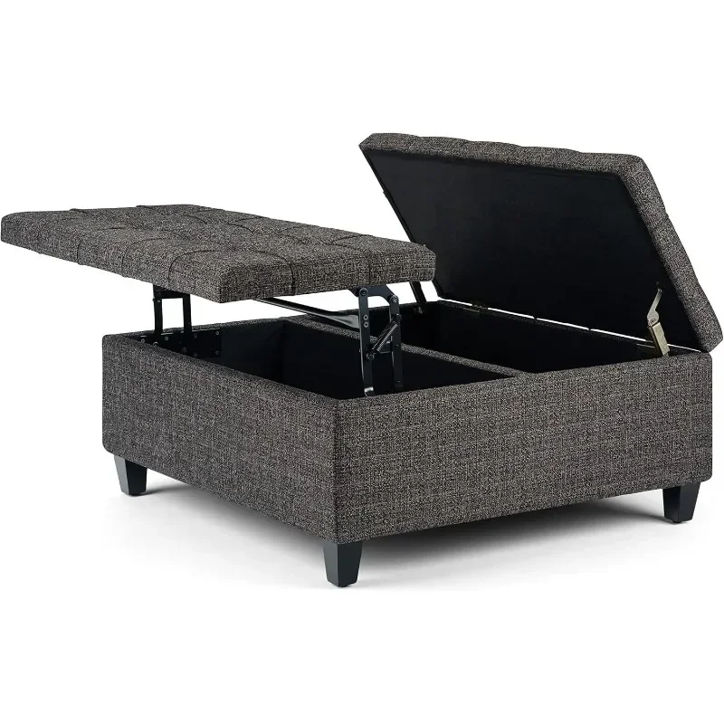 Wide Square Coffee Table Lift Top Storage Ottoman in Upholstered Ebony Tufted Tweed Fabric, For the Living Room