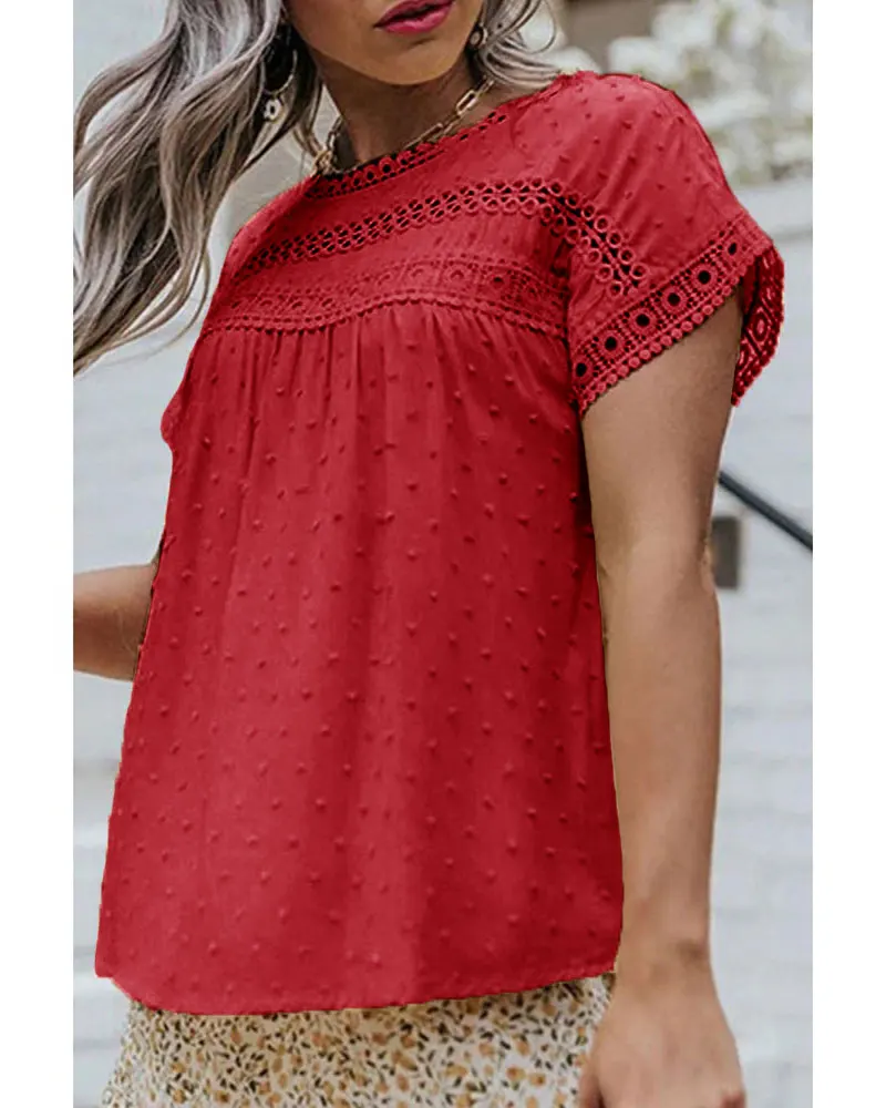 Women Fashion O-neck Lace Swiss Dot Solid Tops Blouse Hollow T-Shirt 2024 Summer Short Sleeve Boho Sweet Casual Female Blouses