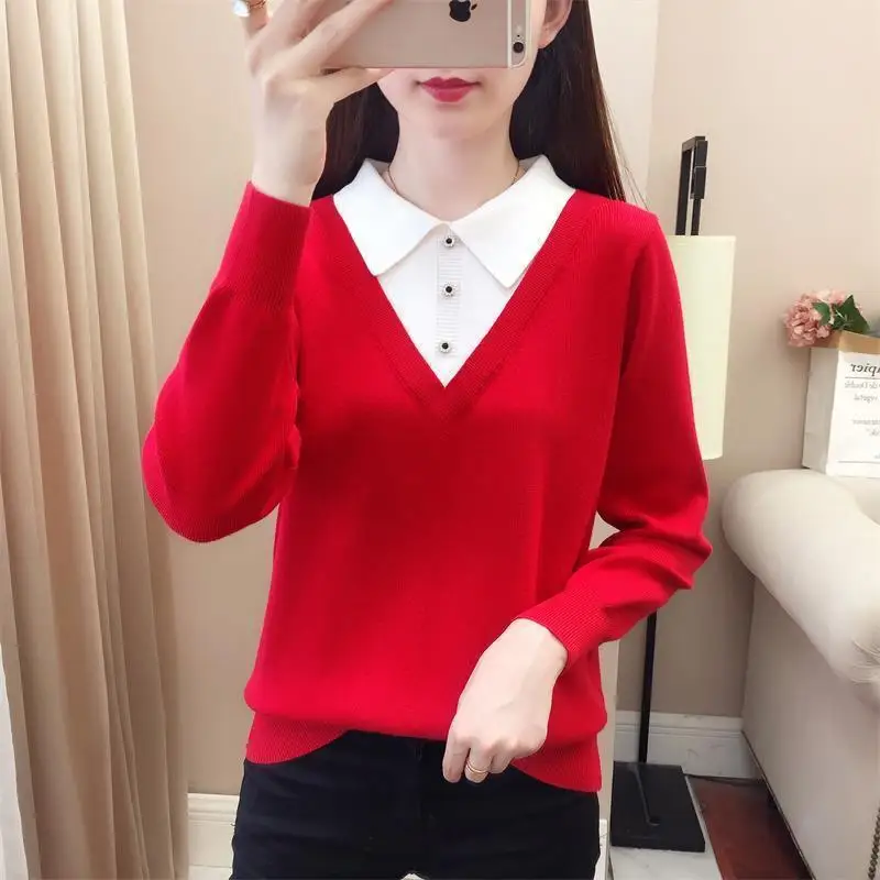 Korean Fashion Spliced Fake Two Pieces Knitt Blouse Woman 2022 Autumn New Office Lady Casual Commute All-match Lapel Basic Shirt