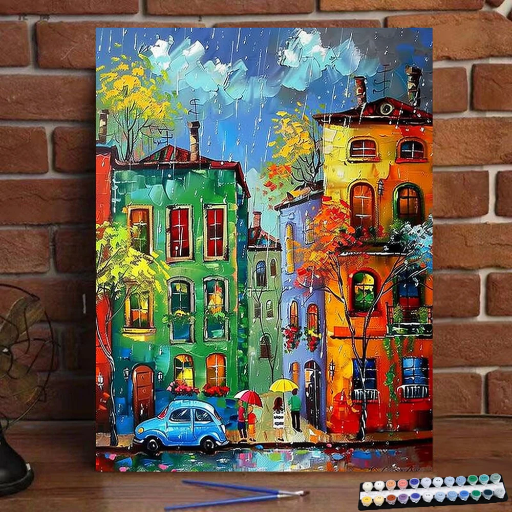 Digital painting abstract colorful house in the rain art culture digital painting handmade adult children gift wall decoration D