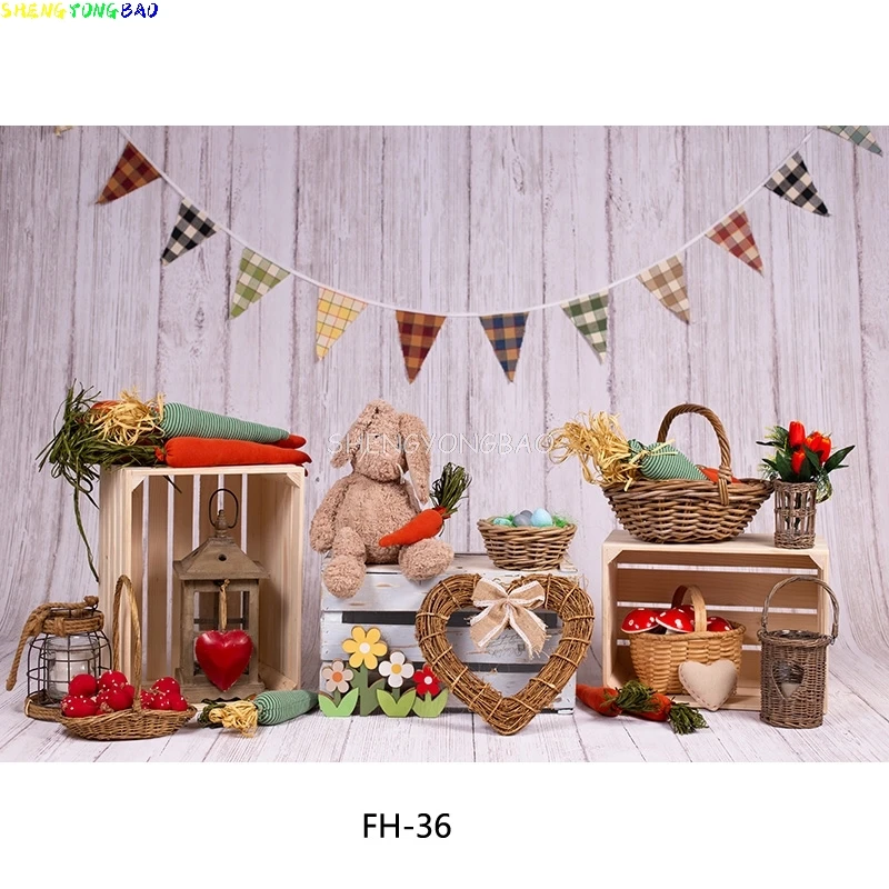 SHENGYONGBAO Spring Easter Photography Backdrop Rabbit Flowers Eggs Wood Board Photo Background Studio Props 2021318FH-56