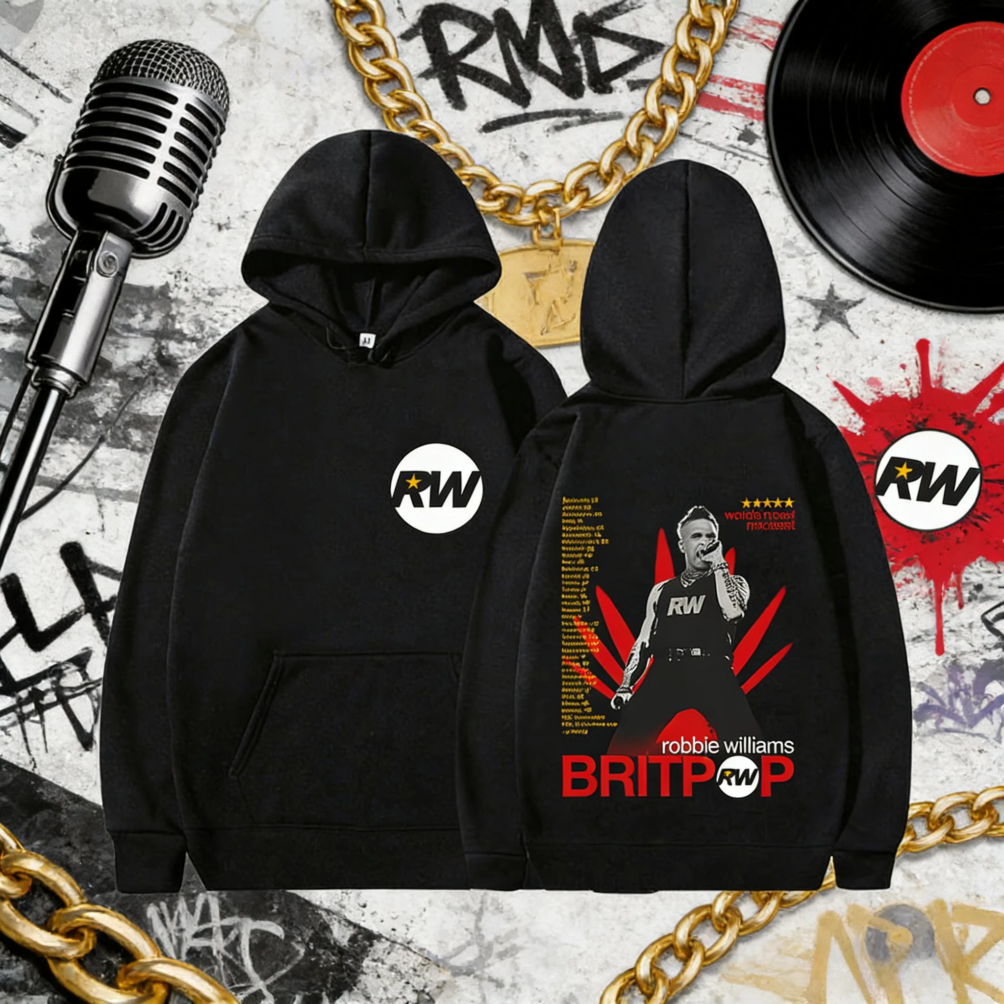 2025 الخريف/الشتاء مغني الراب روبي ويليامز جولة ألبوم هوديي الرجال الهيب هوب الرجعية القطن الدافئة البلوز معطف غير رسمي فضفاض