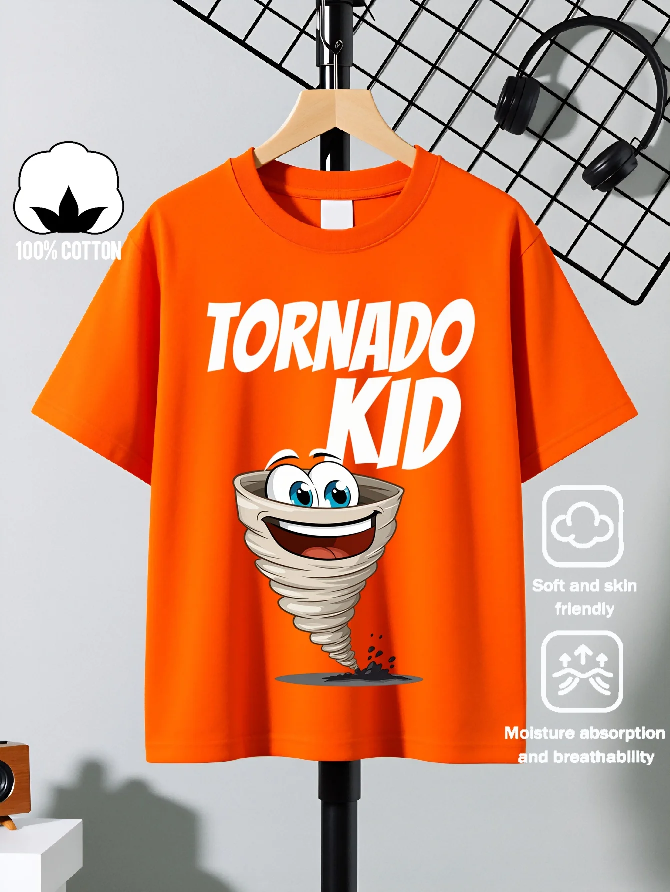 Children's Tornado Boy CA Pattern Printed Design Summer Street Round Neck Short T-shirt Casual and Comfortable Parent Child Wear