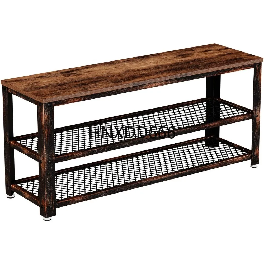 

Shoe Bench, 3-Tier Shoe Rack, 39.4 Storage Entry Bench with Mesh Shelves Wood Seat Foyer Bench for Living Room,Rustic Brow