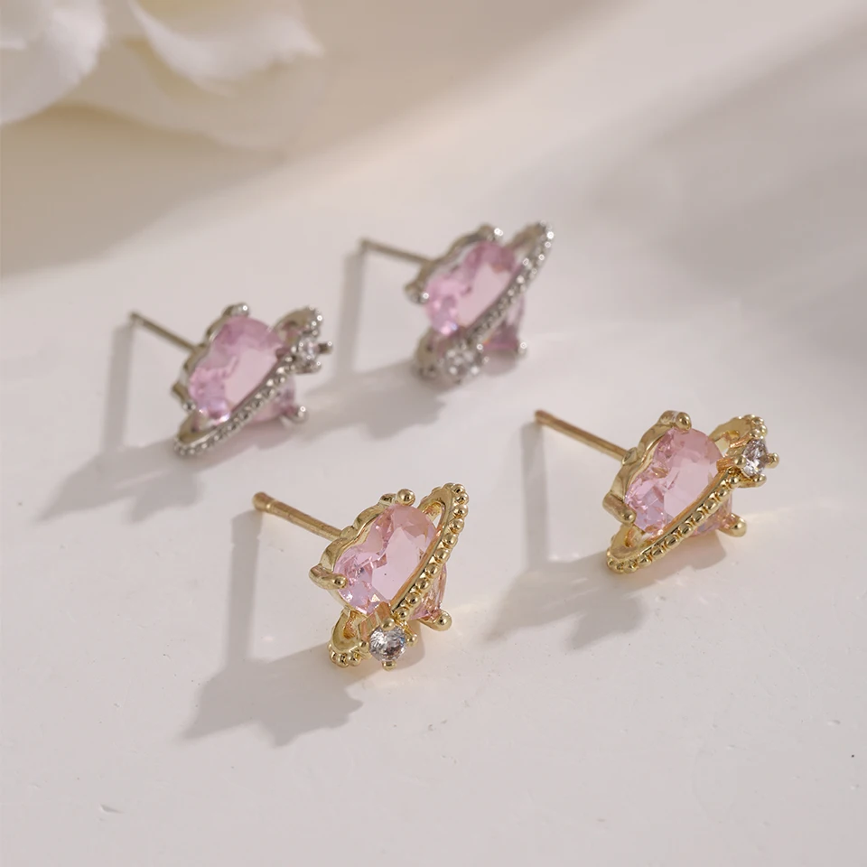Yupsk Mini Delicate Pink Zircon Heart Planet Stud Earrings Korean Trendy Design Zircon Inlaid CZ Valentine\'s Day Gift For Women