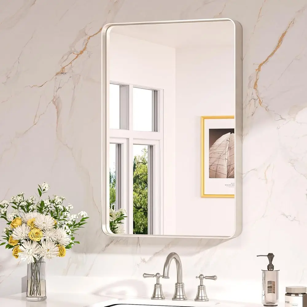 

20x30 Inch Rounded Brushed Nickel Vanity Mirror, Tempered Glass, Anti-Rust Alloy, Over Sink Bathroom Mirror, Wall or Vanity Moun