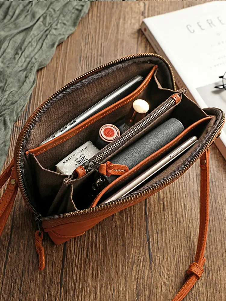 Handmade Genuine leather shoulder bags for women 2024 Sling Bag zipper Small bag phone wallets crossbody female Clutch