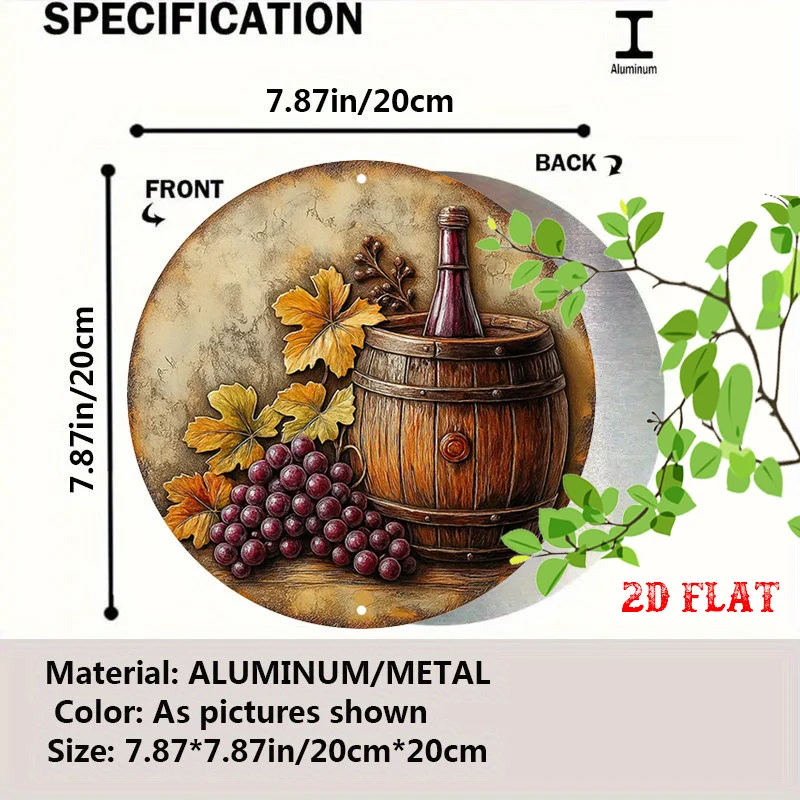 2D Flat, Grapes Round, Barrel Round Wall Decor Wine Bottle Rustic Metal Wall Art, Wall Decor Signs for Home, Garage, Cafe
