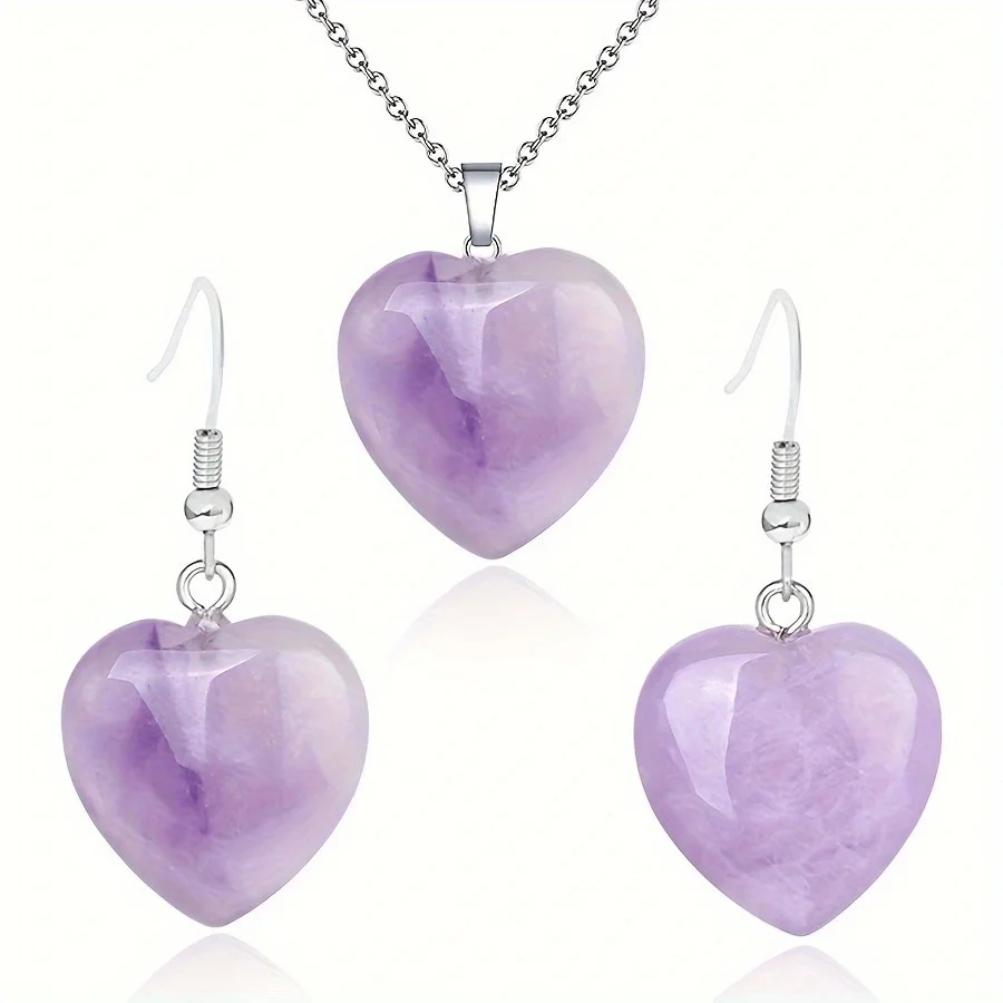 1 set Natural Stone Rose Quartzs Heart Earrings Necklace Pink Crystal Dangle Earring Eardrop Women Party Wedding Jewelry Heart