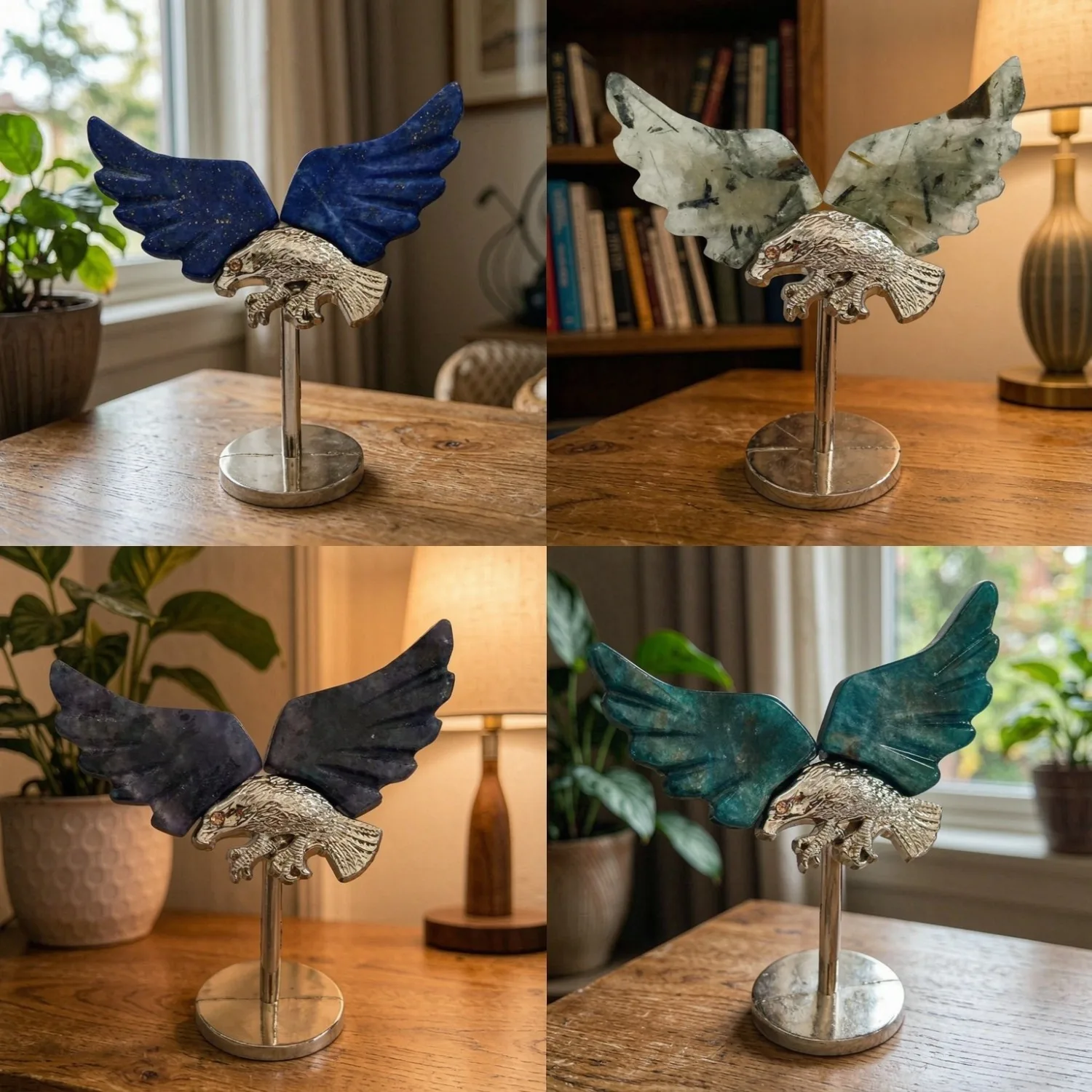 Natural Lapis Lazuli Prehnite Iolite Blue Apatite Hand Carved Eagle Wings Decor Figurine with Stand