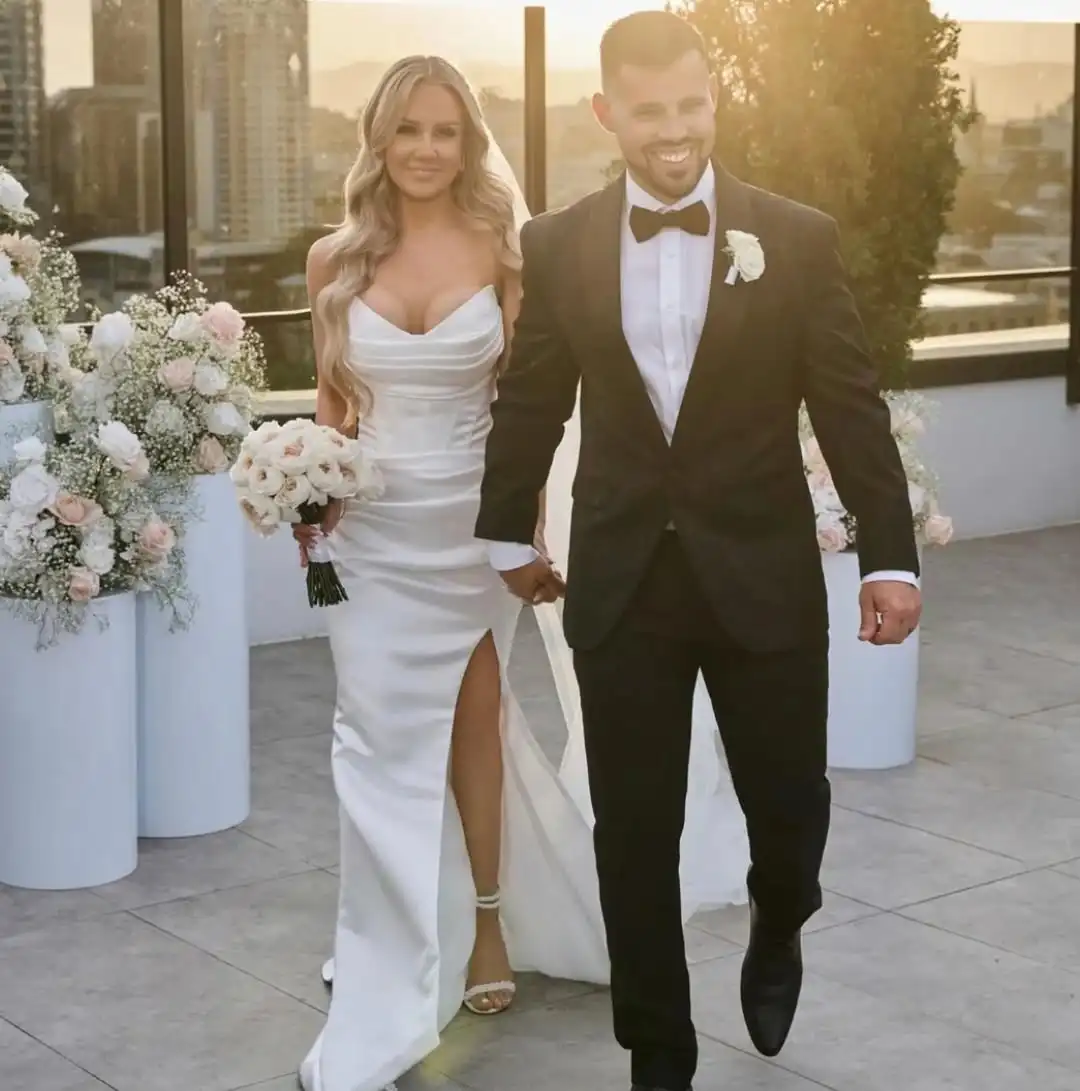 Elegant Mermaid Satin Wedding Dresses With Slit Sheath Detachable Train Long Bridal Party Gown For Women Vestidos De Novia
