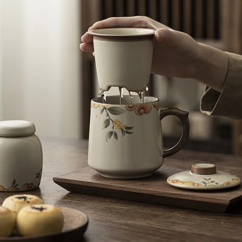 Beige Ru Kiln Tea Cup Large Capacity Ceramic Tea Water Separation Mug Museum Cultural Creative Cup for Team Building Meeting