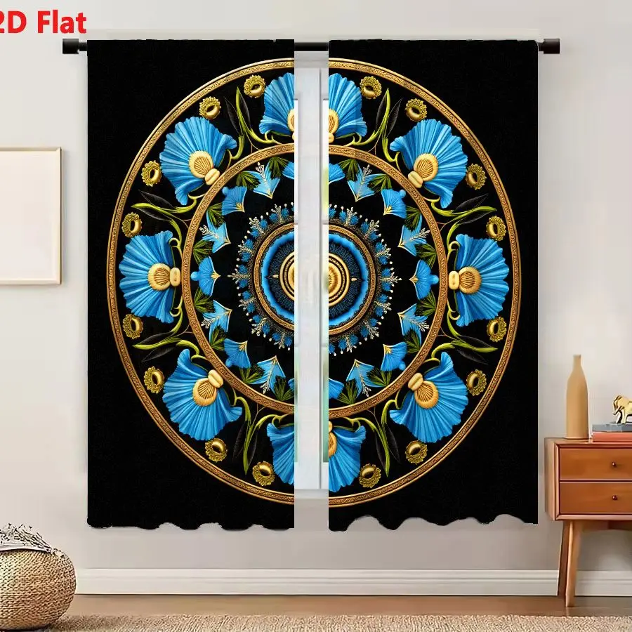 2Pcs Curtains 2D Flat Circular Mandala With Blue Flowers And Gold Details On Black Background Window Drapes for Bedroom Room Dec