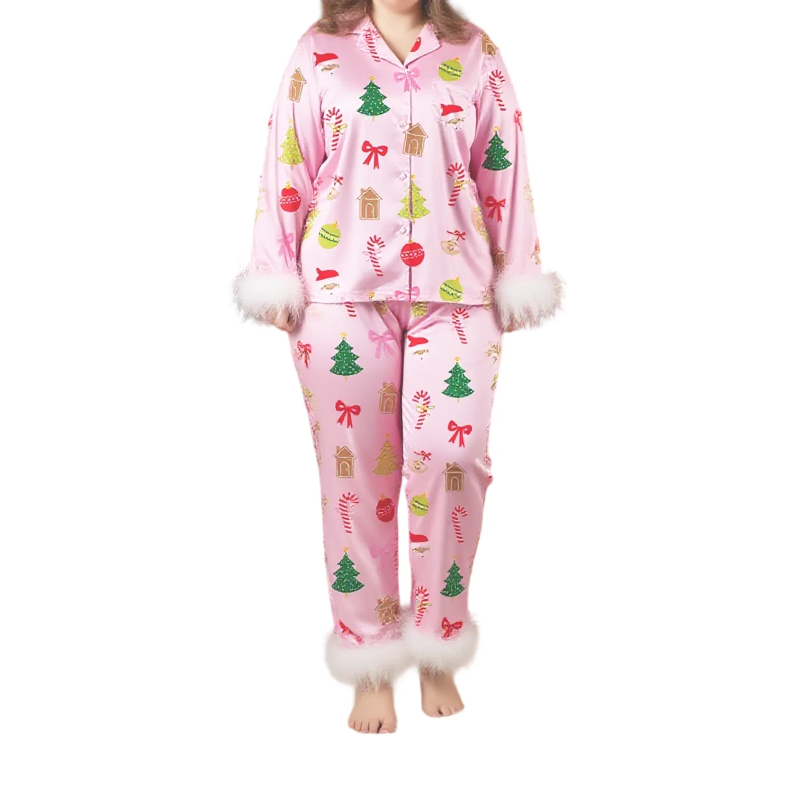 

Women s Plus Size Pajama Sets Fashionable Christmas Tree Printed Long Sleeve Button Down Tops with Pants 2Pcs Soft Sleepwear