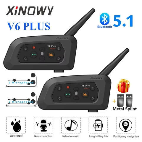 XINOWY V6 Plus Motocicleta Capacete Bluetooth Headset Intercom 1200M Interphone Comunicador Impermeável 6 Cavaleiros
