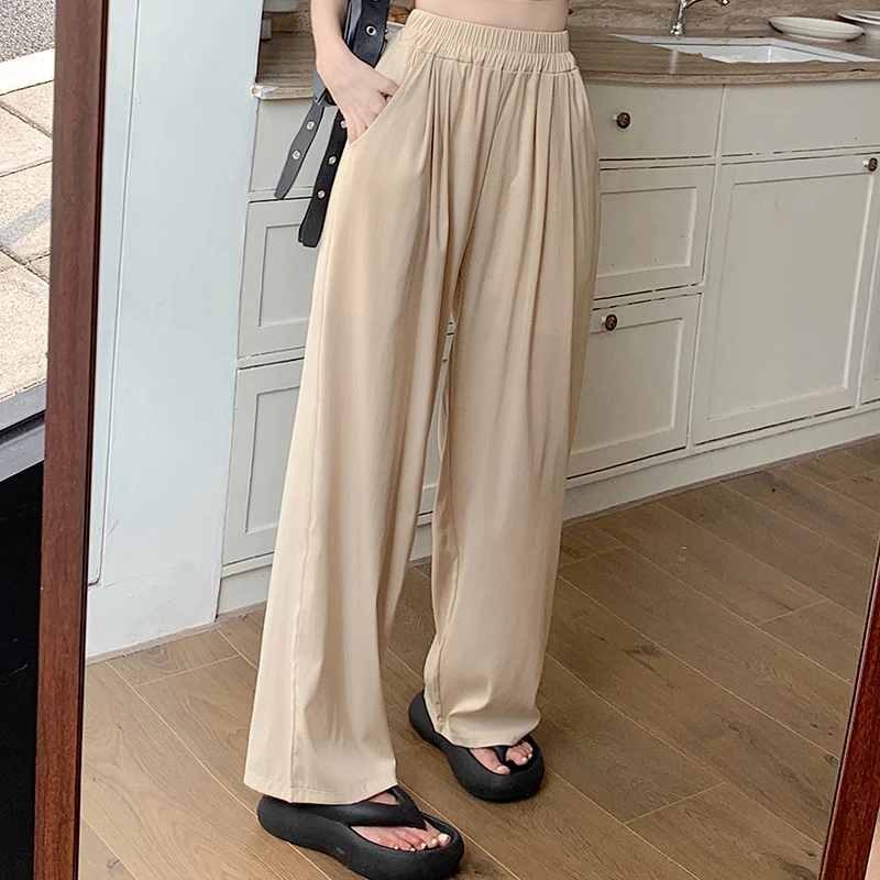 Women Korean Loose Grunge Wide Leg Trousers Lady Fashion High Waisted Elastic Pants Female Casual Black Gray Apricot Pink Slacks