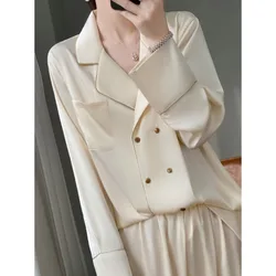 Sense of Advanced Double-breasted Ice Silk Pajamas Woman Long Sleeve Champagne Loose Loungewear Summertime Temperament Suit