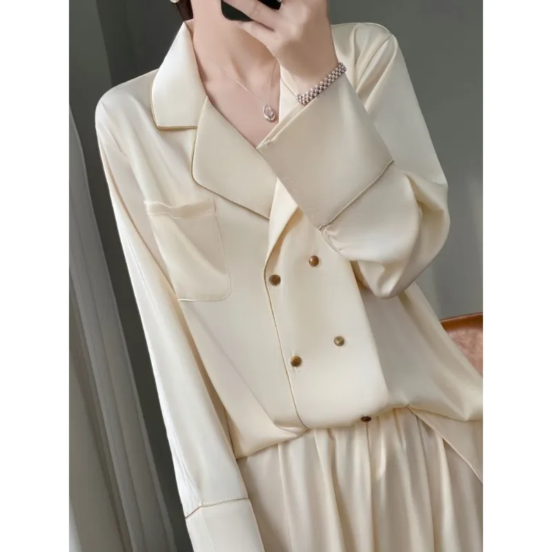 Sense of Advanced Double-breasted Ice Silk Pajamas Woman Long Sleeve Champagne Loose Loungewear Summertime Temperament Suit