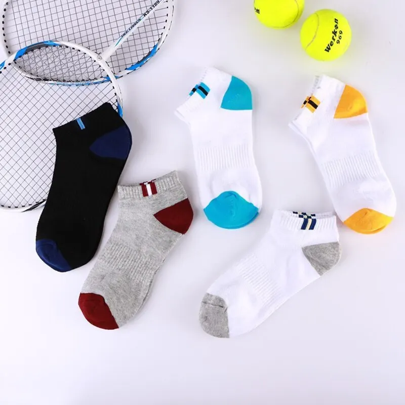 5 Pairs Mens White Bottom Colorful Ring Short Socks With Mesh Breathable and Sweat Wicking Low Tube Boat Socks