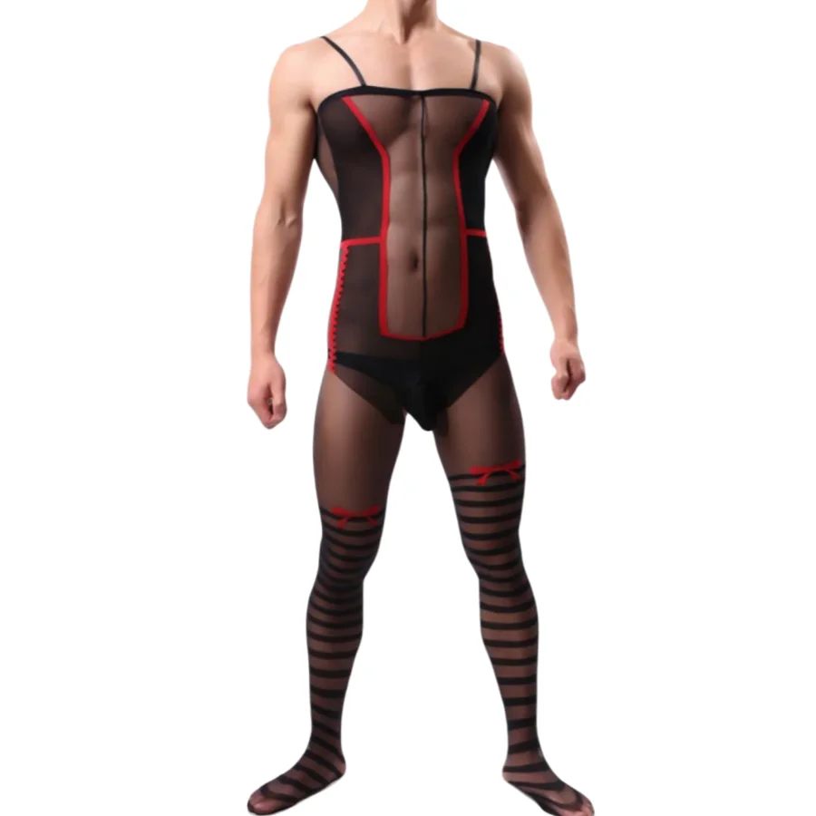 Lencería Sexy para Hombre, Mono Transparente Negro y Rojo con Lazo de Mariposa y Diseño Abierto en la Entrepierna, Ropa de Dormir Tentación