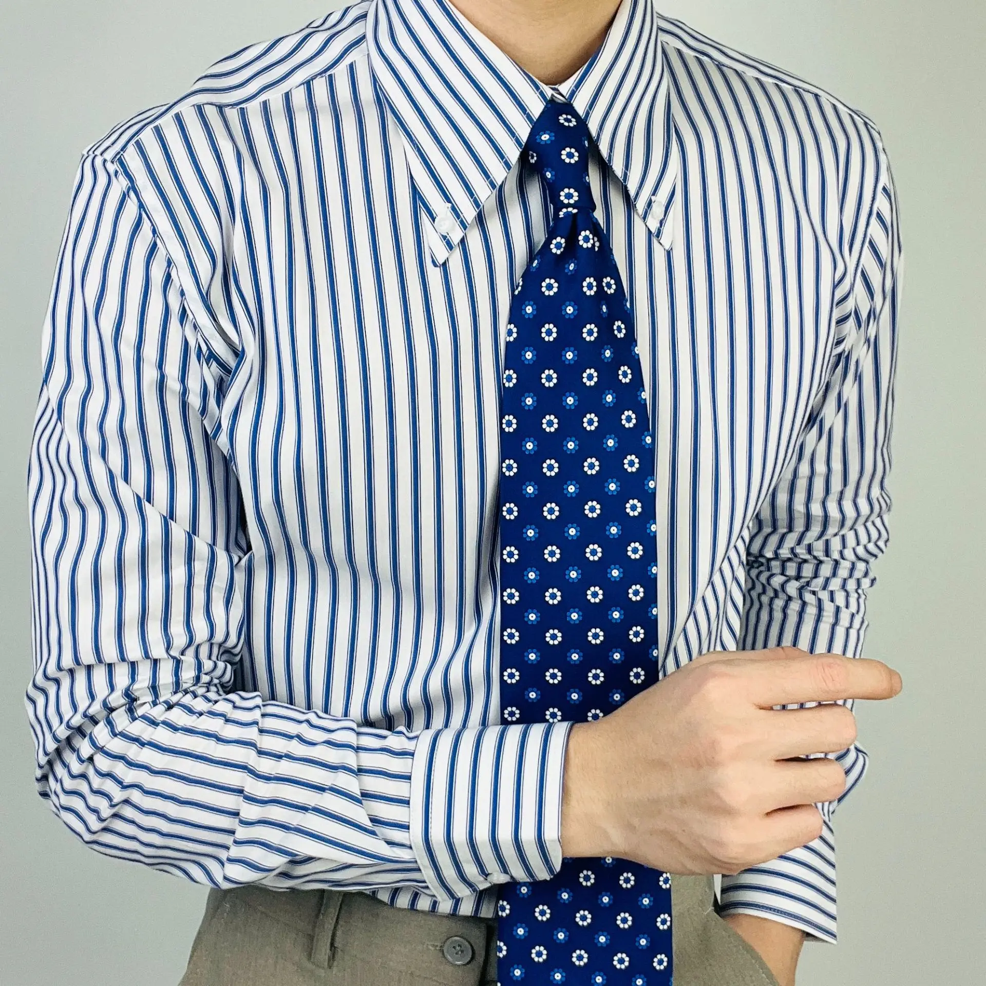 French Elegance Button Down Collar Shirts for Men Blue Striped Long Sleeve Breathable Business Casual Blouse Office Mens Shirts