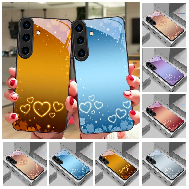 Golden Heart Language For For Samsung Galaxy S25+ S24+ S26 Ultra S25 Edge S24 FE S23 S22 S21 S20 Plus Black Glass Phone Case