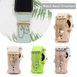 Metal Charms Watch Band Decoration Ring With Tassel Chain For Apple Watch Diamond Ornament For iwatch Bracelet Strap Jewelry