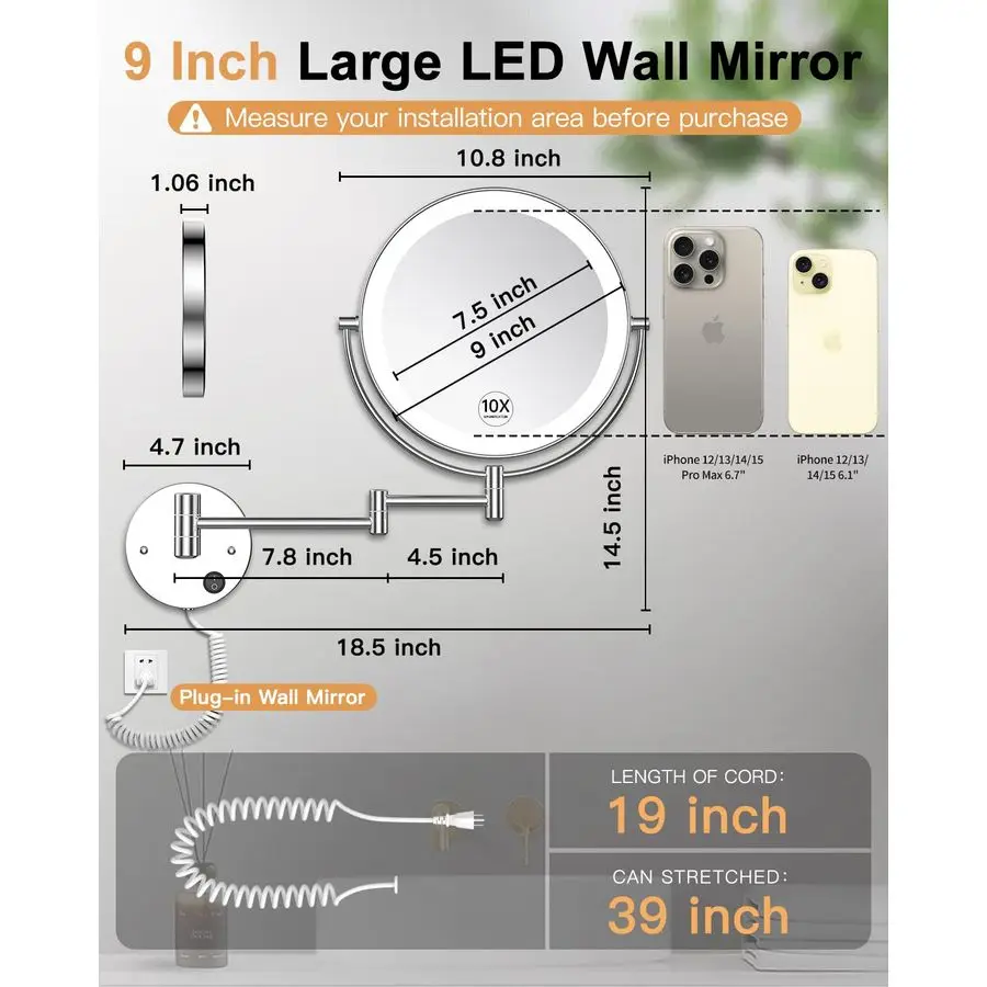 9 Wall Mounted Lighted Magnifying Mirror, 1X 10X Magnification DoubleSided LED Bathroom Mirror, 3 Color Lights amp Stepless Dimm